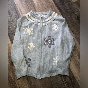Vintage Grey Blue Snowflake Zipup Sweater women’s size Medium